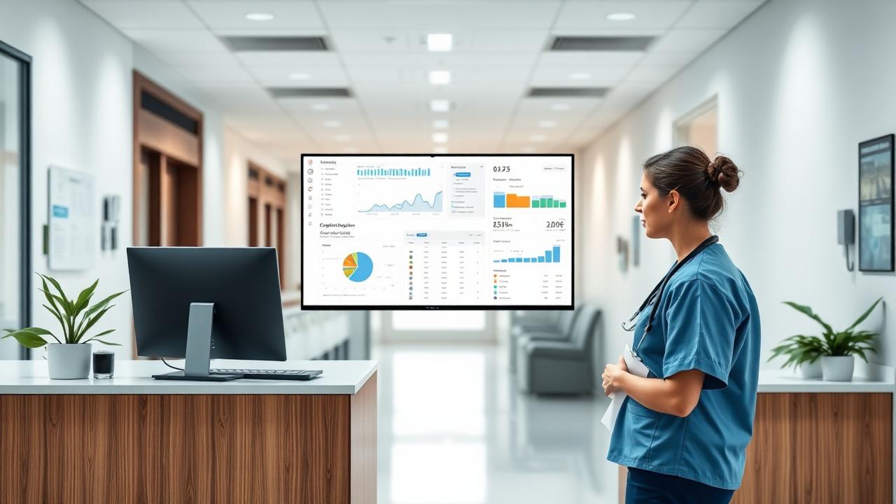 Hospital reception with a healthcare analytics dashboard on screen