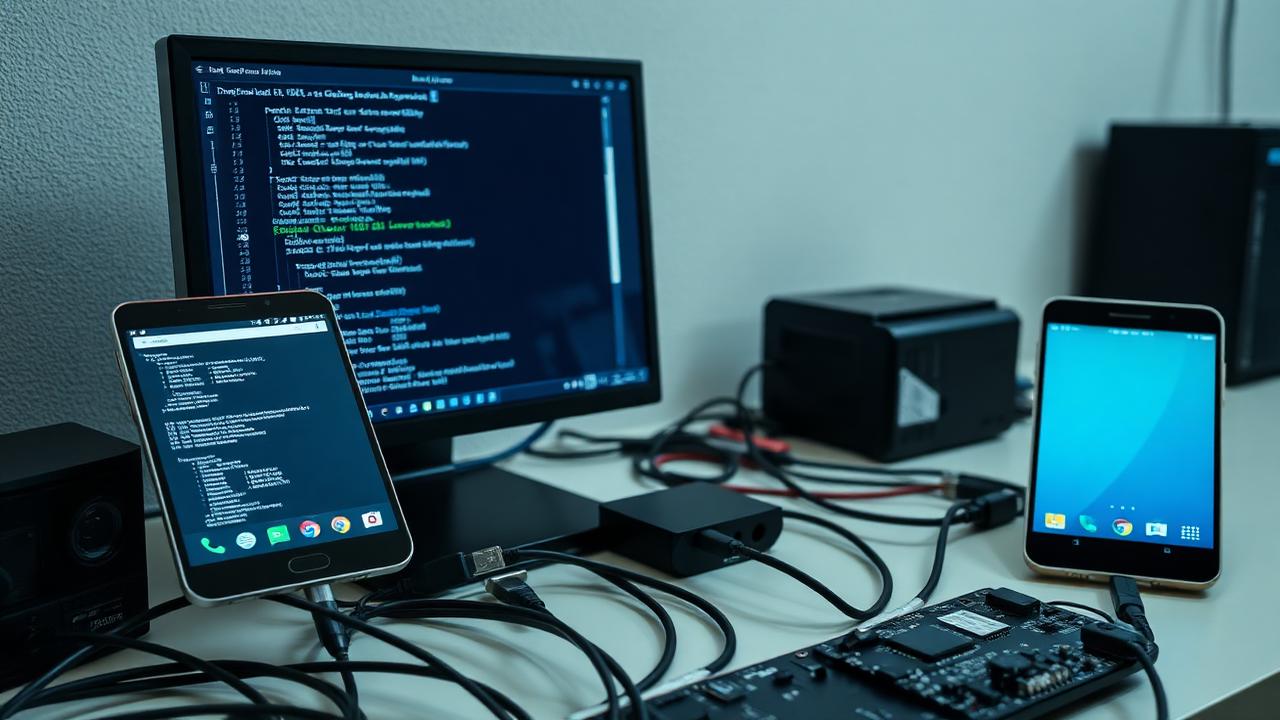 Android devices connected to a workstation for firmware flashing