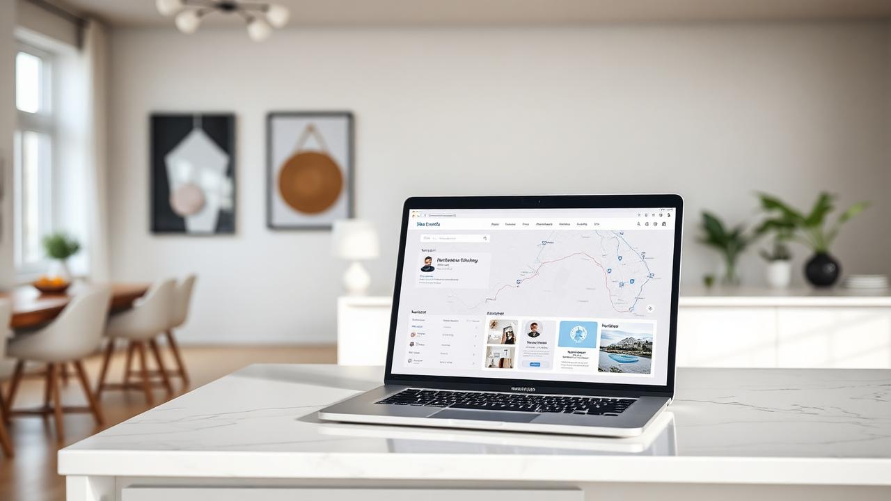 Real estate marketplace displayed on a laptop in a modern apartment